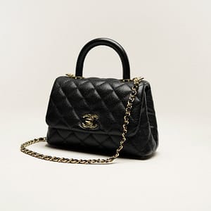 Mini Flap Bag With Top Handle - Grained Calfskin & Gold-Tone Metal Black