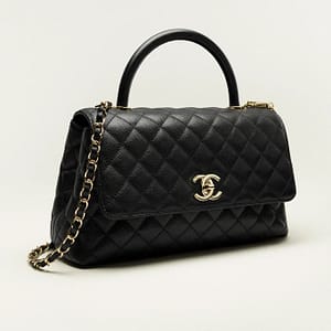 Large Flap Bag With Top Handle - Grained Calfskin & Gold-Tone Metal Black